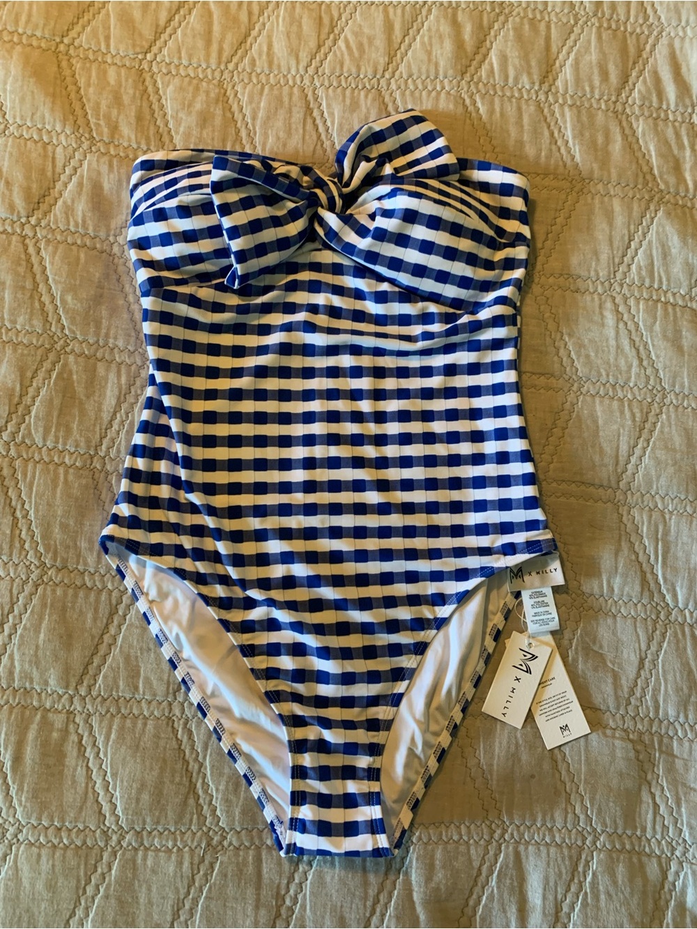 Milly Gingham Jacquard Cottage Bow Blue & White One-Piece Strapless Swimsuit M